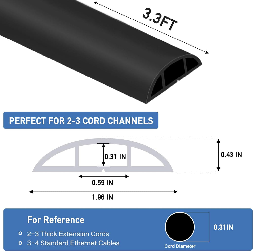 Floor Cord Cover Self Adhesive Cord Hider Floor Extension Cord Covers for Floor Power Cord Protector Cable Management Prevent Cable Trips Cable Cavity 0.59" W x 0.31" H (Black, 3.3Ft)