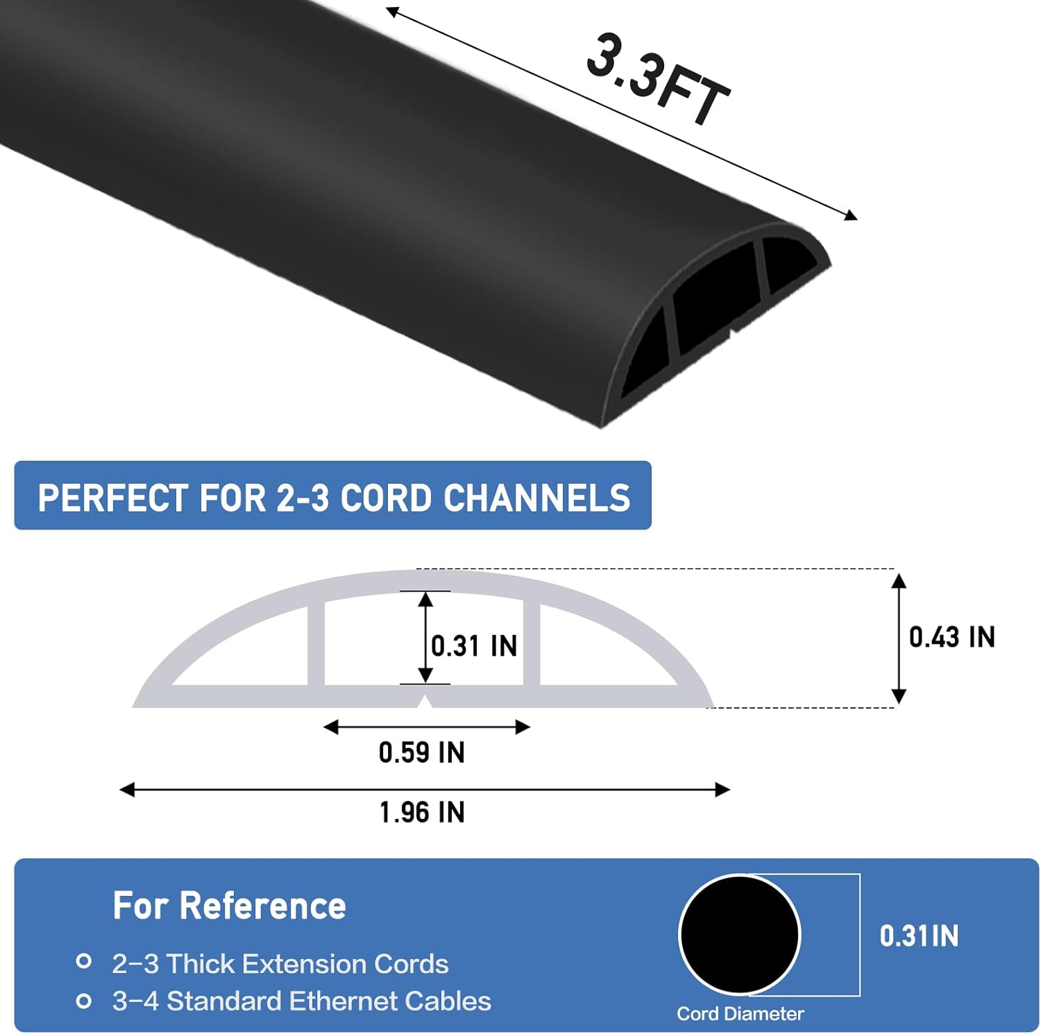 Floor Cord Cover Self Adhesive Cord Hider Floor Extension Cord Covers for Floor Power Cord Protector Cable Management Prevent Cable Trips Cable Cavity 0.59" W x 0.31" H (Black, 3.3Ft)