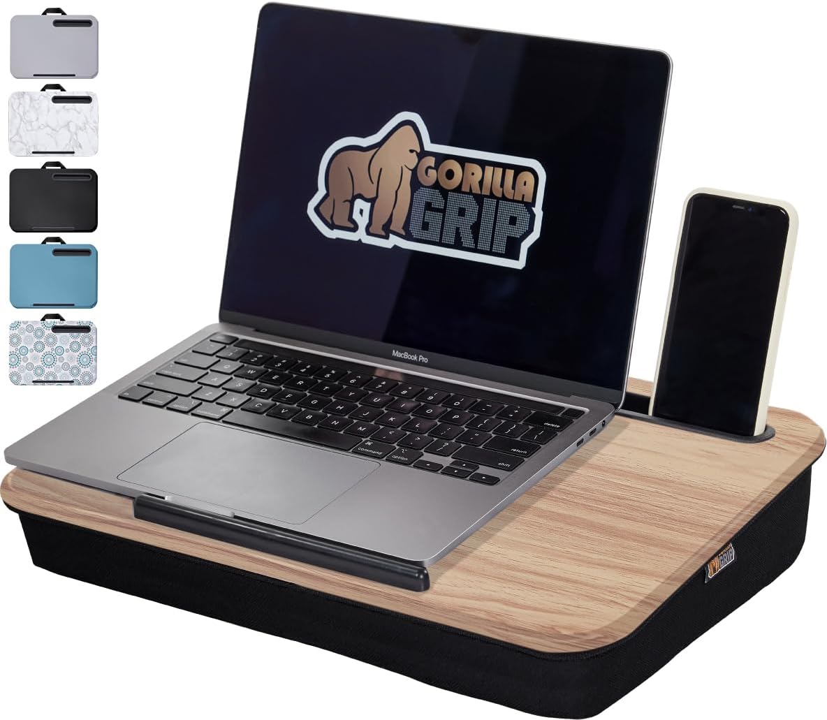 GORILLA GRIP Laptop Lap Desk with Phone Holder, Pillow Cushion Desks Fit Laptops up to 15.6", Tray Ledge Keep Computers in Place, Portable Travel Workstation Essentials for Home, Light Wood Color