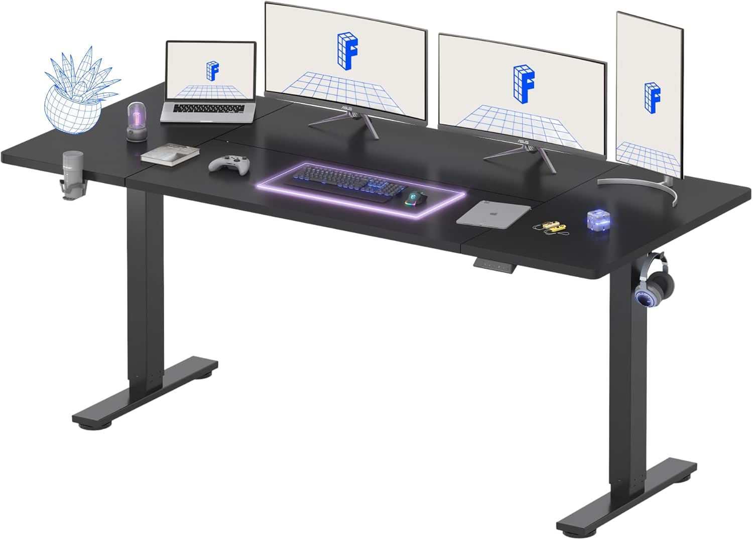 FLEXISPOT 79 x 32 Inch Large Standing Desk, Stand Up Desk with Splice Board, Rising Desks for Home Office, Office Desk with Cup Holder and Headphone Hook (Black Frame + Black Top, 2 Packages)
