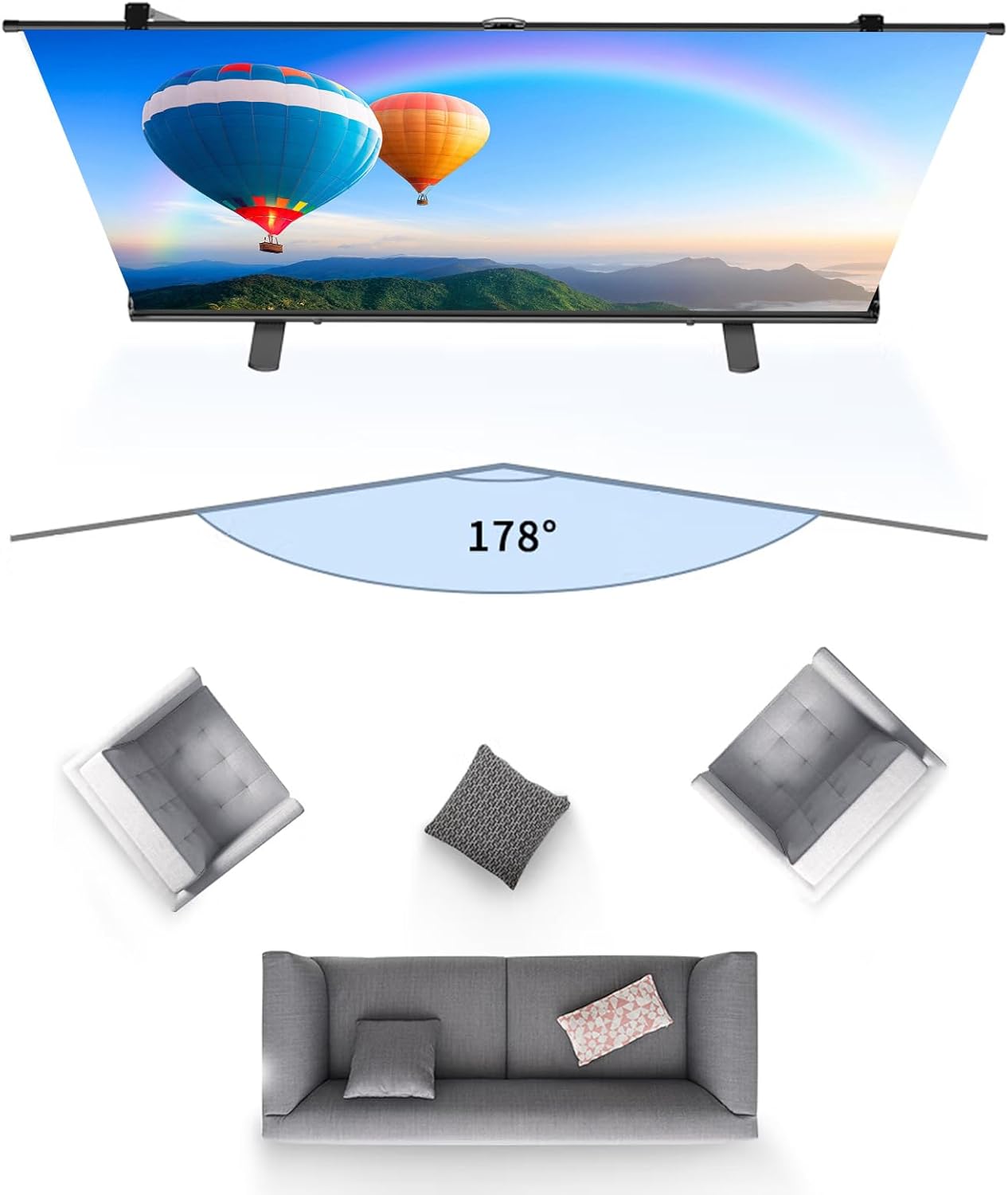 Portable ALR Manual Pull Up Projector Screen,100 in Outdoor Projector Screen 178°Viewing Angle Portable Movie Screen 3D/4K HD 16: 9 Wrinkle-Free Design for Movie Home Theater Backyard Night
