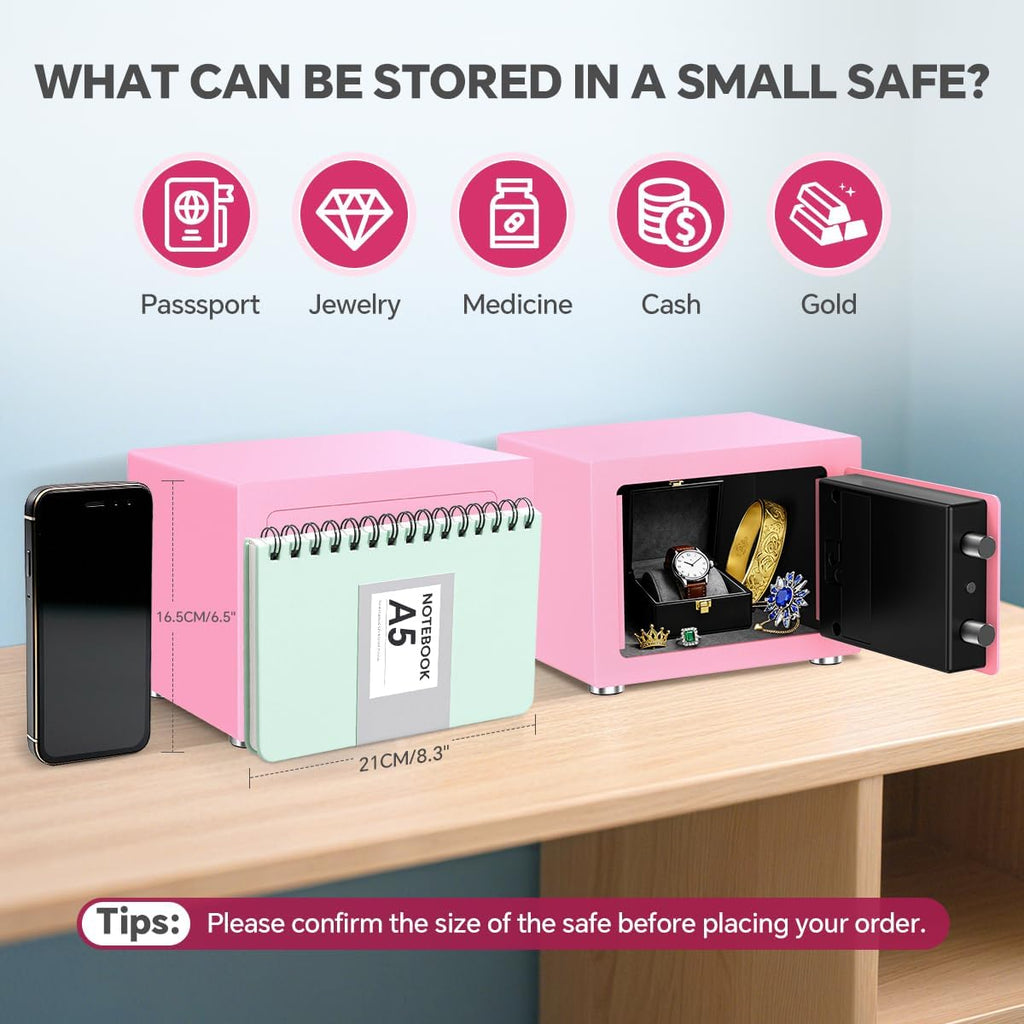 Small Home Safe, 6.7”D x 9”W x 6.7”H, Electronic Keypad Lock Security Box for Cash, Jewelry, Passport, Hidden Safe for Closet, College Dorm Room, Pink