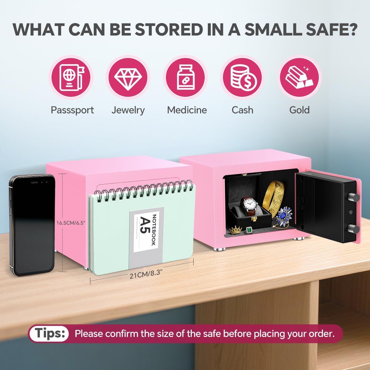 Small Home Safe, 6.7”D x 9”W x 6.7”H, Electronic Keypad Lock Security Box for Cash, Jewelry, Passport, Hidden Safe for Closet, College Dorm Room, Pink