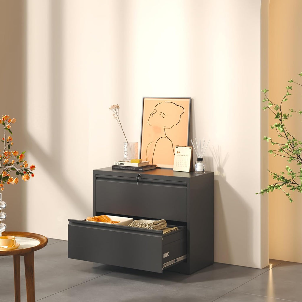 2 Drawer Lateral File Cabinet with Lock, Metal Lateral Filing Cabinet for Home Office, Steel Wide Horizontal Filing Cabinets for Letter/Legal/A4/F4 Hanging Files (Black)