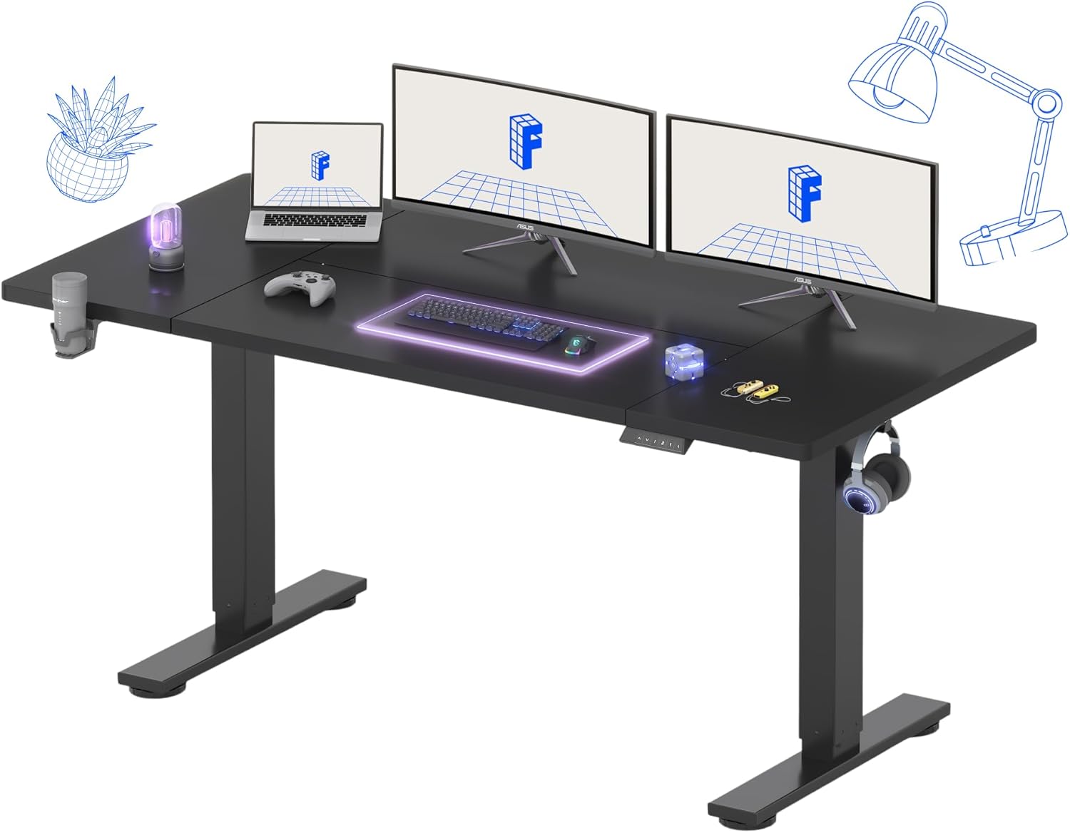 FLEXISPOT 63 x 32 Inch Large Standing Desk, Stand Up Desk with Splice Board, Rising Desks for Home Office, Office Desk with Cup Holder and Headphone Hook (Black Frame + Black Top, 2 Packages)