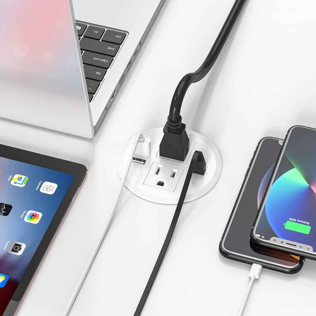 BTU Desktop Power Grommet with USB, 3 inch Hole Recessed Power Outlet, Flush Mount Power Strip Outlet with 2 AC Outlet & 2 USB Ports & 1 CAT6 & 10ft Power Cords for Table, Office, Home, Hotel, White