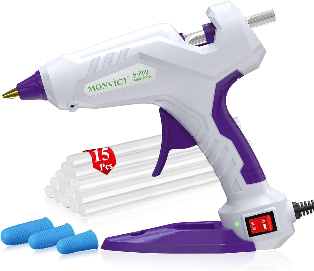 Full Size Hot Glue Gun, MONVICT Dual Temp Glue Gun 60/100W Base Stand Heavy Duty Melt Glue Gun Kit with 15 Pcs Glue Sticks & 3 Finger Protectors for Sealing Wax, Quick Repairs, DIY, Art & Crafts