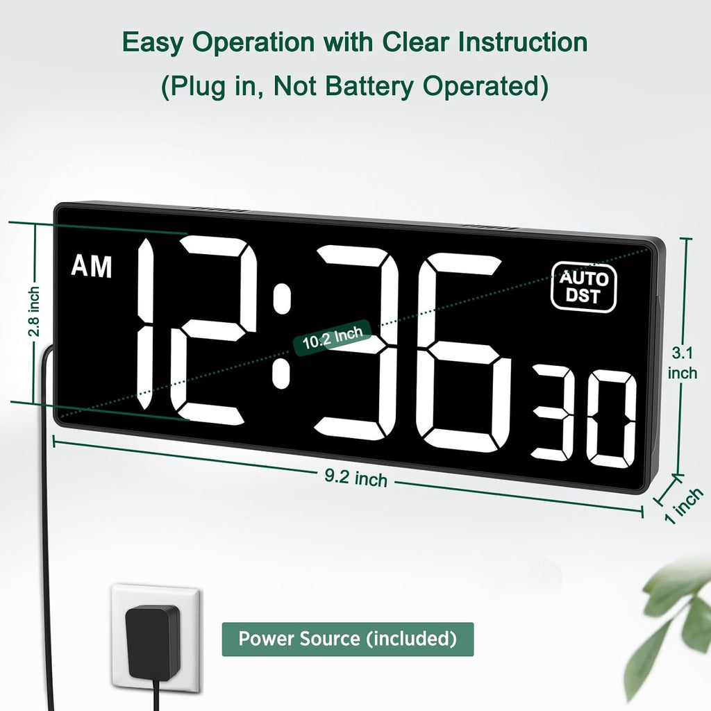 Soobest LED Digital Wall Clock with Seconds, Electric Clock Plug Auto DST Dimmer LED Large Display 10 Inches (White)