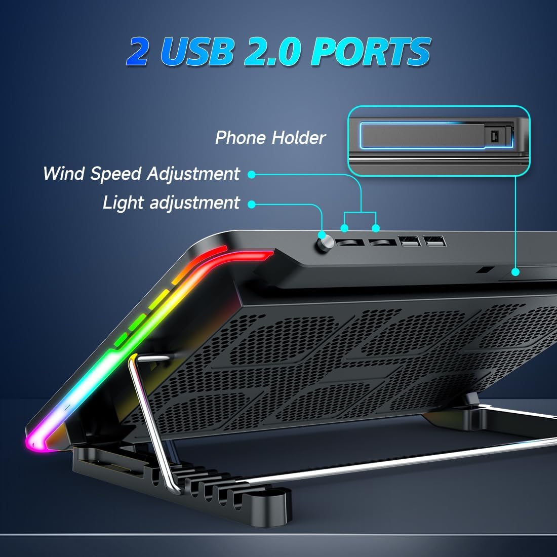 LIANGSTAR Laptop Cooling Pad, Laptop Cooler Gaming 5 Quiet Fans with Large Metal Plate for 12-17.3 Inch Fan Stable Stand, 4 Modes RGB Light, 7 Height & Adjust Speed, 2 USB Port & Phone Holder