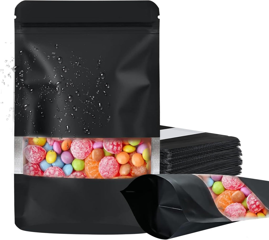 100 Pack Smell Proof Bags, Resealable Food Storage Bags with Clear Window, Stand Up Smell Proof Mylar Bags Self Seal Foil Pouches for Food Storage Packaging (Black, 6.3 x 9.5 Inch)