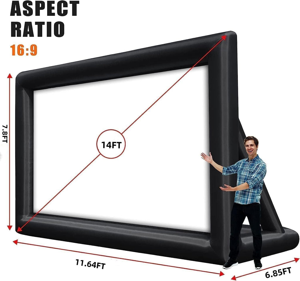 PioneerWorks 14 FT Inflatable Projector Screen， Outdoor Movie Screen Blow Up for Movie Parties Backyard Outside with Air Blower and Carry Bag, Front and Rear Projection