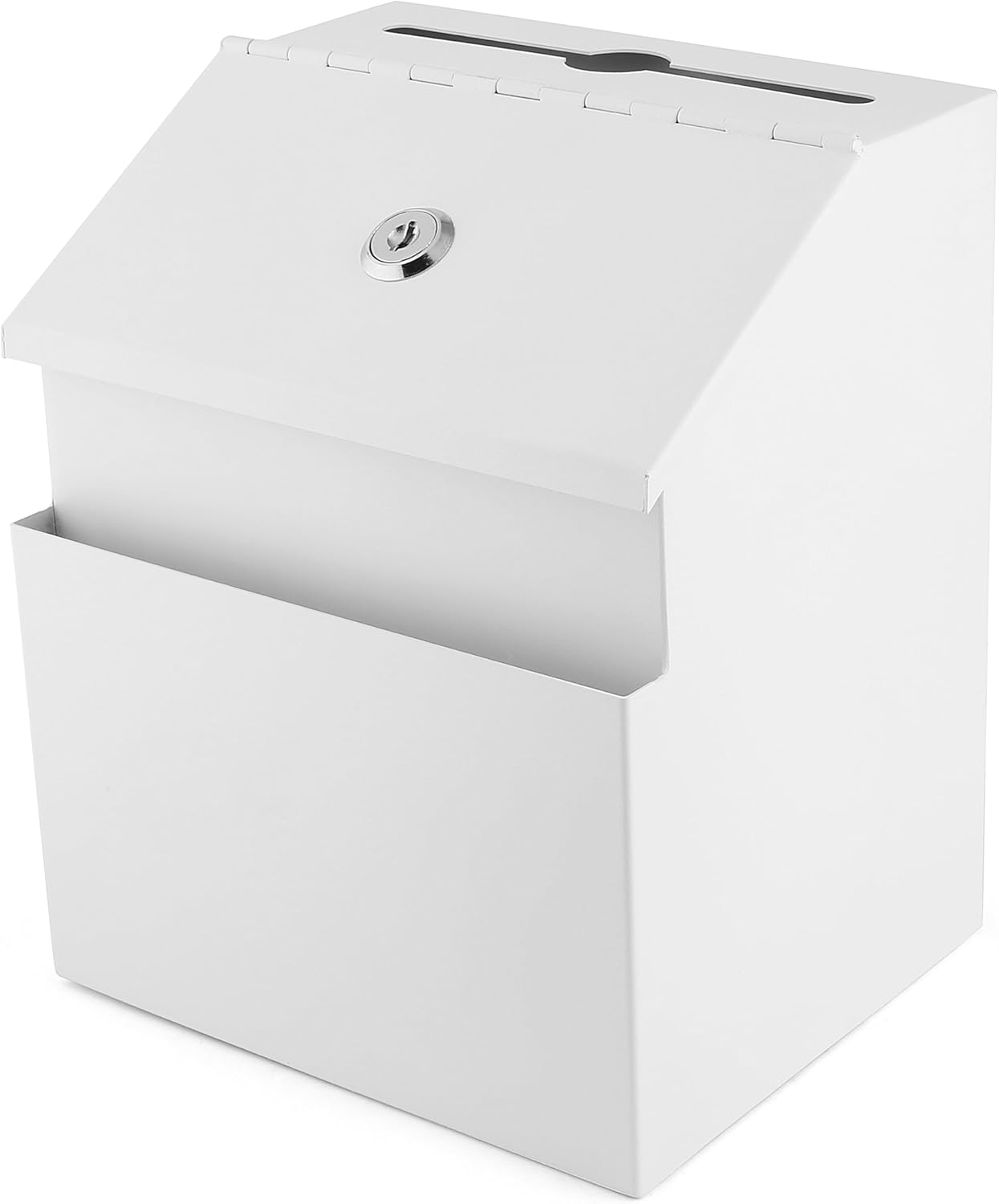 Suggestion Box with Lock and keys, Metal Wall Mounted Ballot Box, Iron steel Donation and Collection Drop Box 8.5" H x 6" W x 7" L with wide 5.5" Slot and front sheet holder (White)