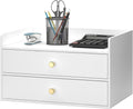 Bamboo Desk Organizer with Drawers Wooden Desktop Storage Organization Box for Bills Office Supplies Kitchen Utensils Organizing Tool for Home Classroom Vanity, No Assembly Required (2 Drawers, White)