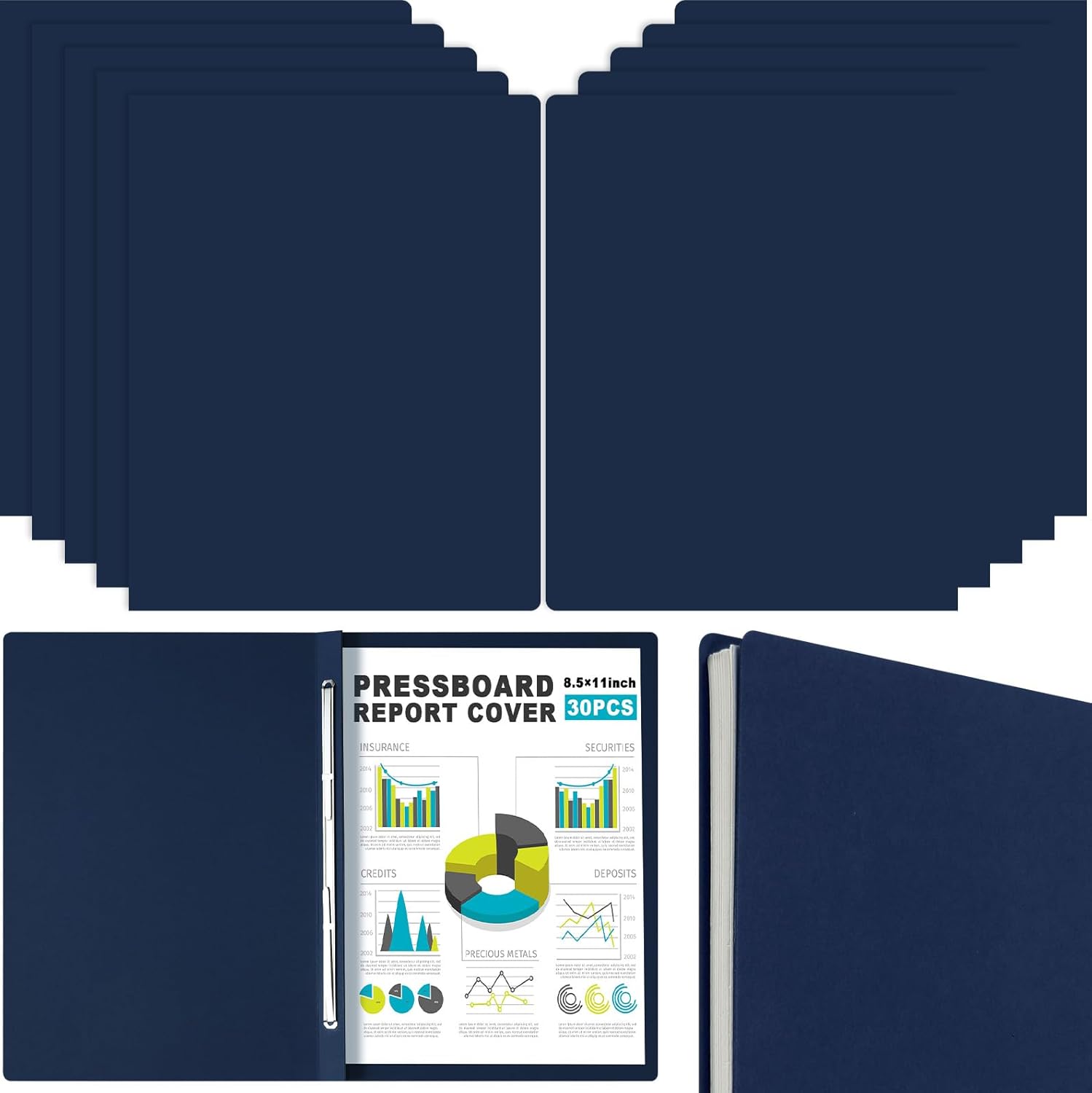 30 Pcs 8.5'' x 11'' Pressboard Report Cover, 3'' Capacity Metal Prong Fastener with Compressor, Letter Size, Presentation Folder to Neatly Bind Report, Proposal Document (Dark Blue)