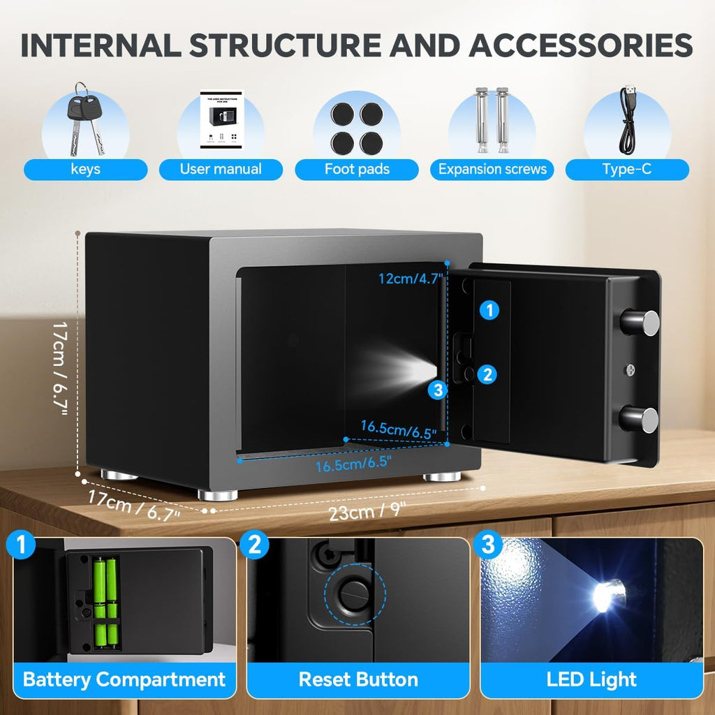 Small Home Safe, 6.7”D x 9”W x 6.7”H, Electronic Keypad Lock Security Box for Cash, Jewelry, Passport, Hidden Safe for Closet, College Dorm Room, Black