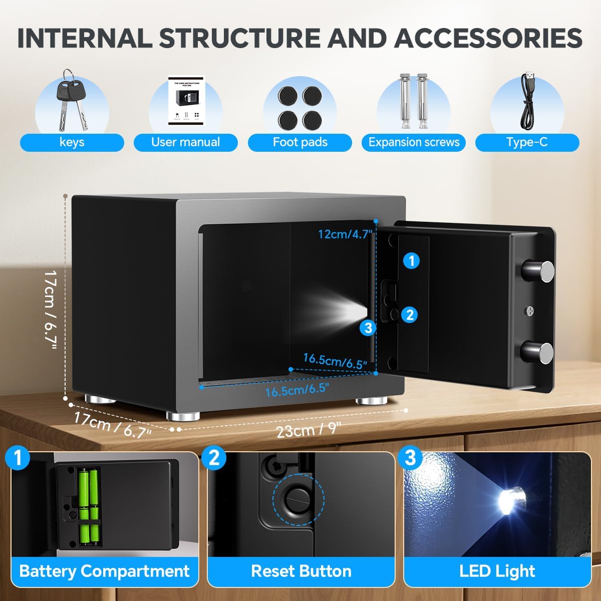 Small Home Safe, 6.7”D x 9”W x 6.7”H, Electronic Keypad Lock Security Box for Cash, Jewelry, Passport, Hidden Safe for Closet, College Dorm Room, Black