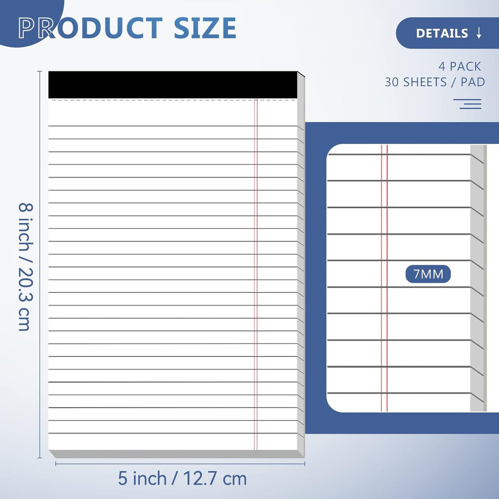 5" x 8" Note Pads 4 Pack of Legal Pads 21lb Notepad College Ruled Legal Pad 30 Sheets Perforated Small Writing Pads Double-Side Printed Pad of Paper for School, College, Office