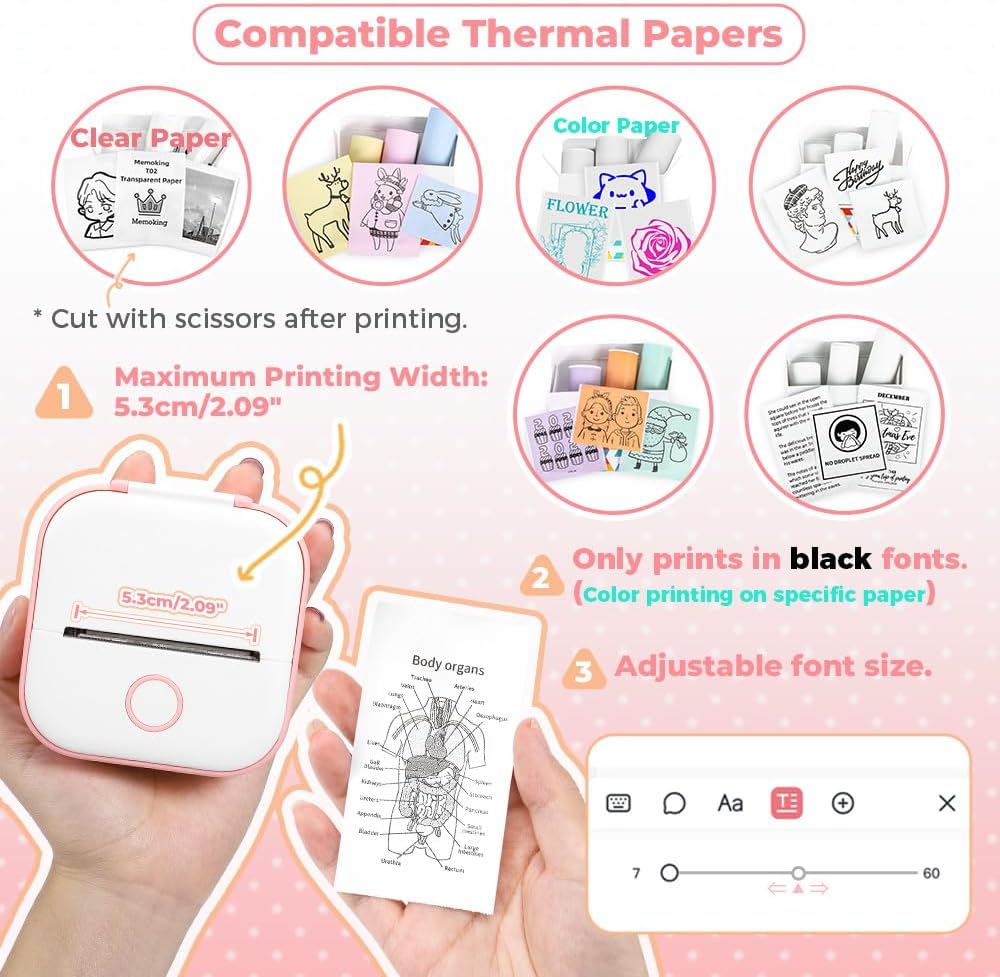 Instant Print for Kids - T02 Mini Printer, Thermarote Sticker Maker, Instant Phone Photo Printer for Study, Fun, Games, Stickers, Labels, Flashcards, Pink