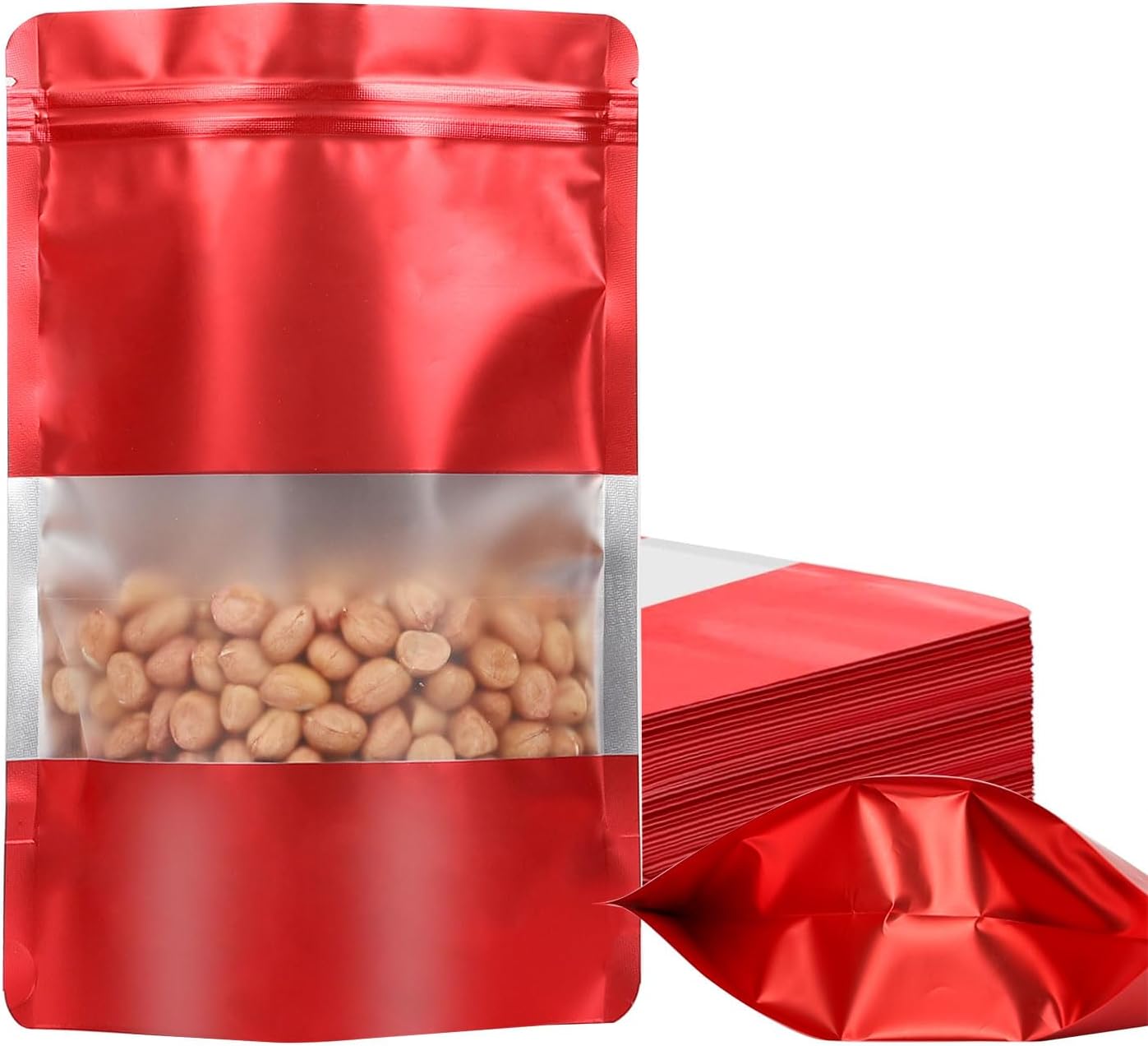100 Pack Smell Proof Bags, Resealable Mylar Bags with Matte Window, Foil Pouch Stand-up Bags for Food Self Sealing Storage, Scratch Resistant Hand Storage Bags.(Red, 7×10 Inch)