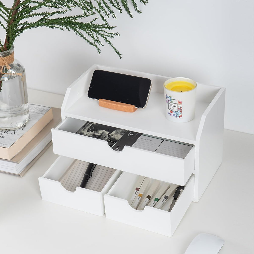 ROSE BLOOM White Wood Desk Organizer with 3 Drawer, Mini Cute Cabinet with Storage Shelf for Tabletop, Small Desktop Box Organizer for Cosmetic Office Supplies