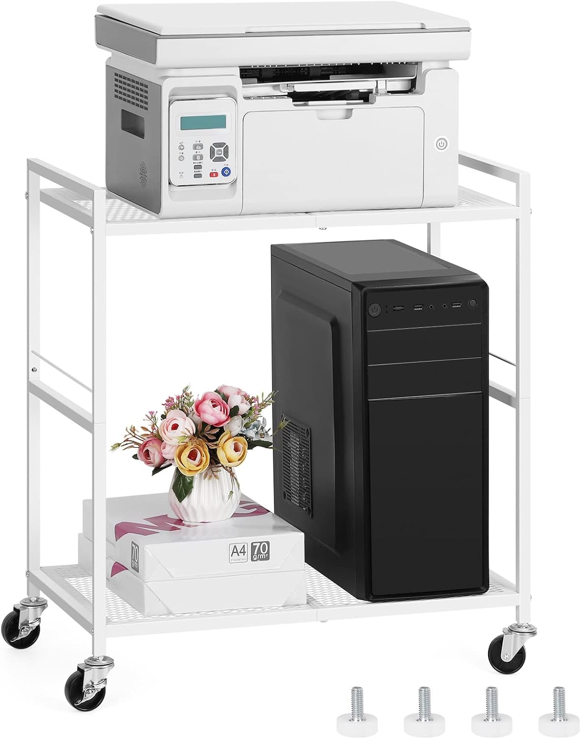Computer Tower Stand, PC Tower Stand Metal Rolling Cart Holds up to 40lbs, 2 Tier Mobile Printer Stand with Storage Under Desk for Home & Office, White