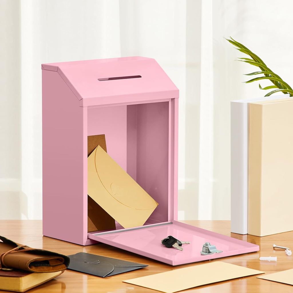 Metal Donation Cash Box Collection Safe Suggestion Box with Lock Wall Mounted Mailbox Delivery Ballot Container for Home Office Outdoor Door(Pink,11.8 x 8.6 x 4.7 Inch)