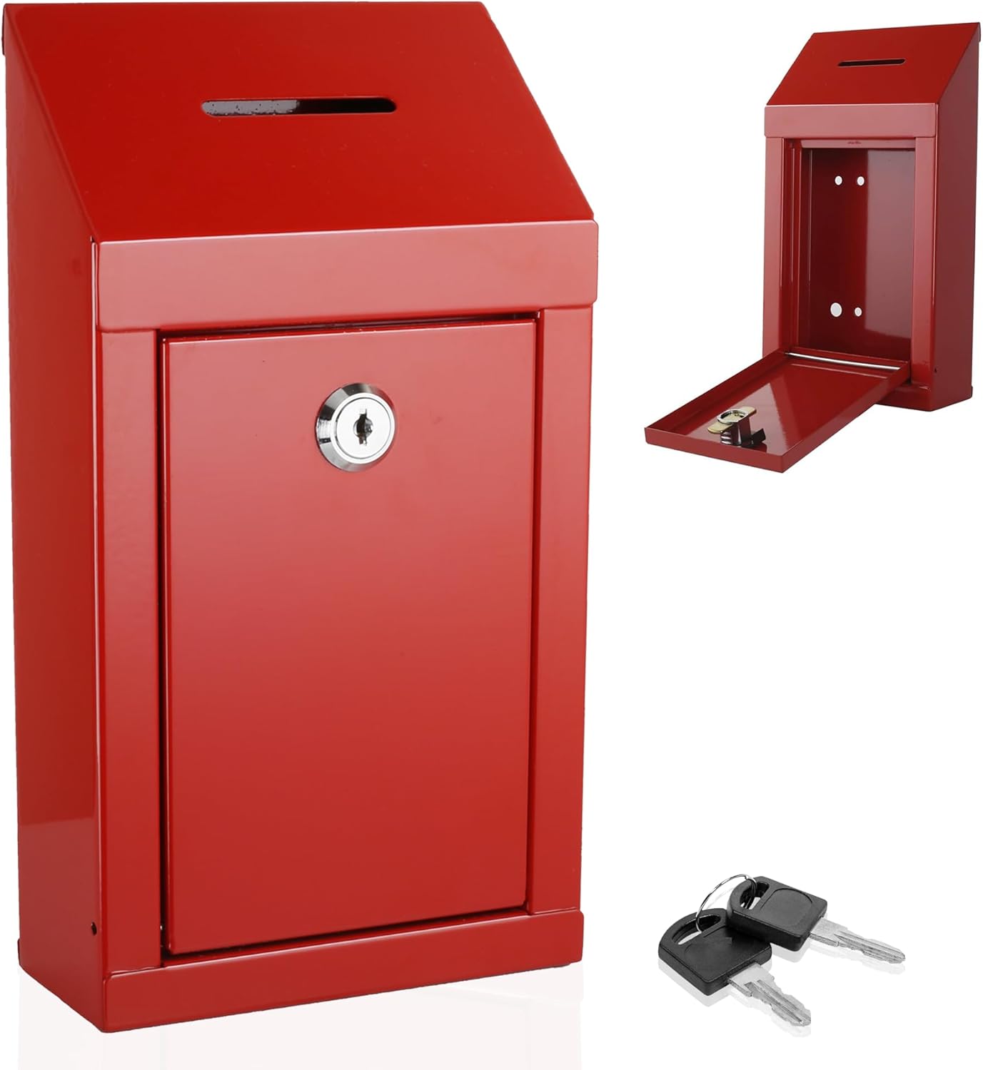 Metal Donation Box-Suggestion Box with Slot and lock-Cash Lock box for Money-Secure Drop Box-Comment and ballot voting box-comes with pre-drilled holes for easy wall mounting 10 X 6 X 2.5"(Red)