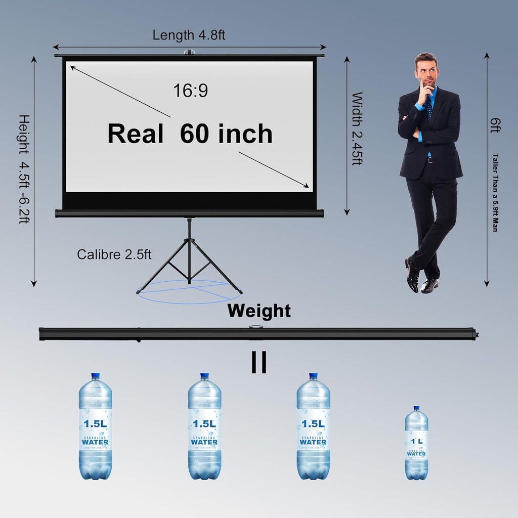 Outdoor Projector Screen with Stand Tripod, Indoor Pull Up Portable Projector Screen, 60 INCH 16:9 Adjustable Projection Screen with Carry Bag for Home Theater Backyard Party Movie Nights