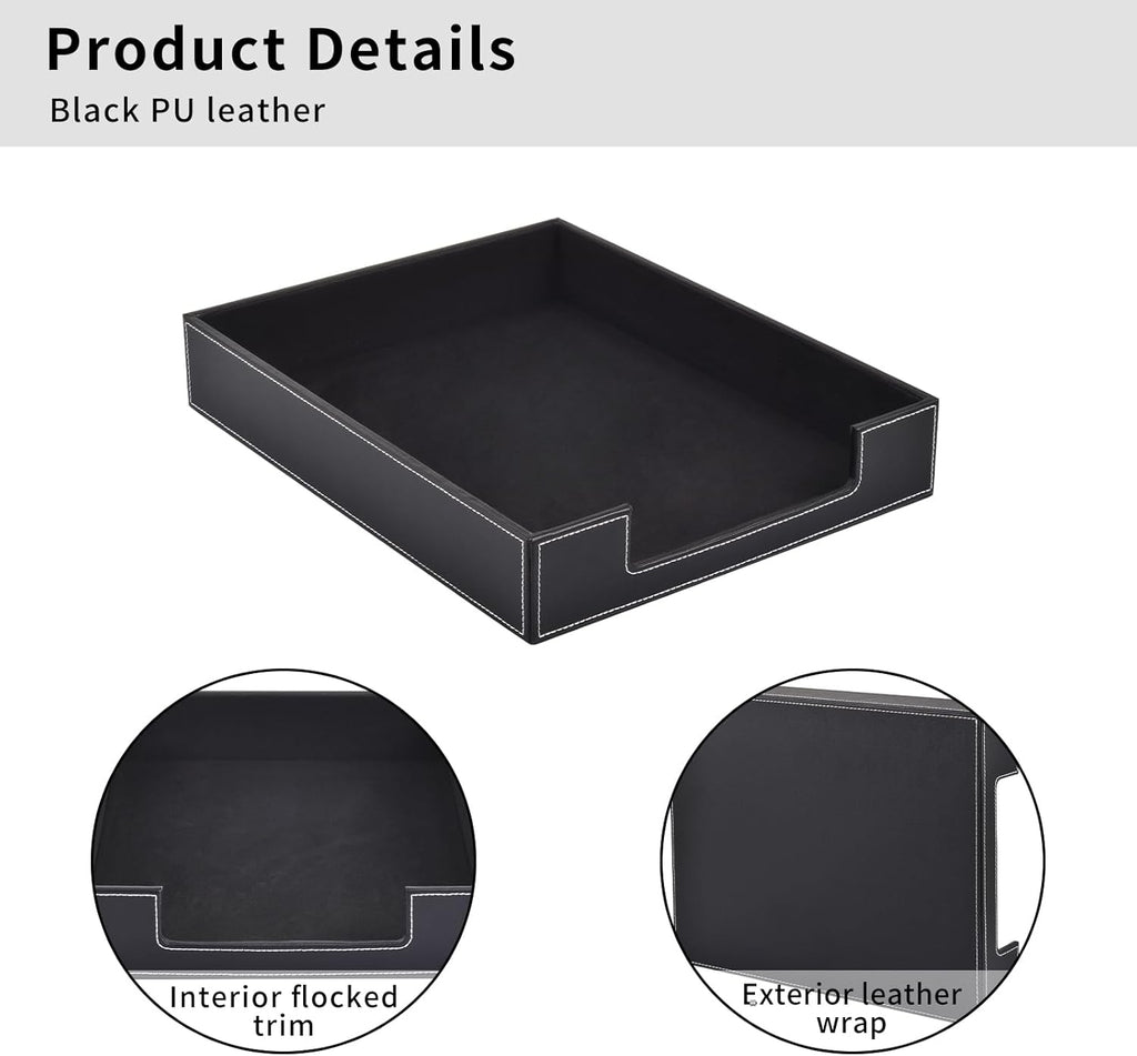 Leather 1-Layer Letter Tray Stackable File Document Tray,A4 Paper Case Rack Desk Office Supplies Organizer Holders,Desktop Organization, Pen Mail Magazine Storage Box(Black)