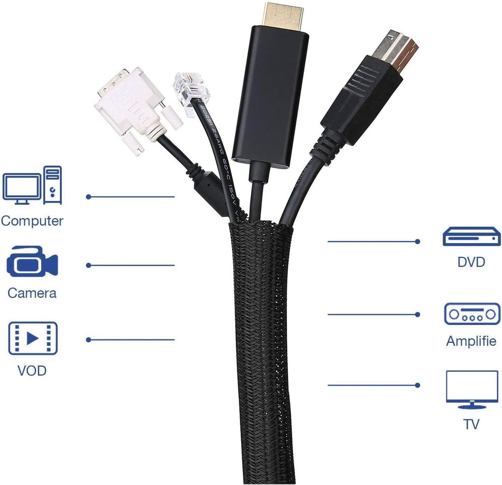 1/4 Inch-25ft Cable Management Sleeve - Flexible Wire Organizer System with Zipper for Home Office TV Computer, Durable Cord Cover Protector, Black