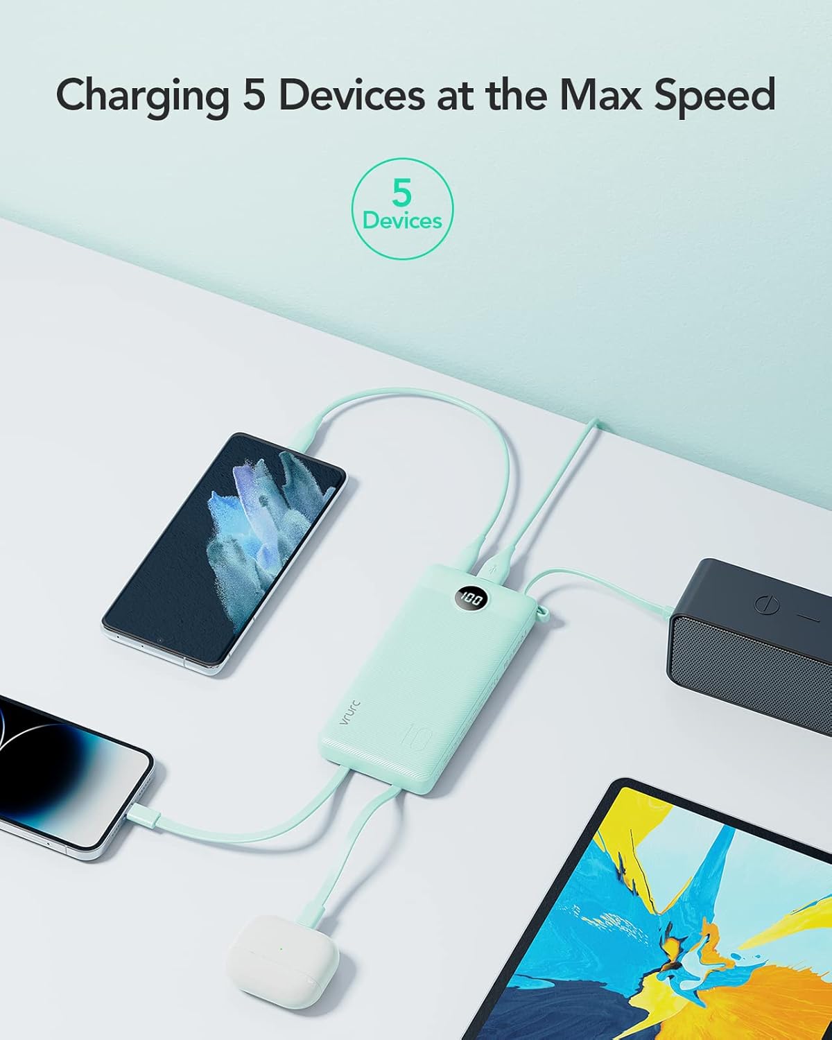 VRURC Portable Charger Power Bank, 10000mAh Travel Essentials Battery Pack, 5 Outputs 2 Inputs Slim Charging Bank Built-in Cables Cords Wires Compatible with iPhone,Samsung,Android-Green(1 Pack)