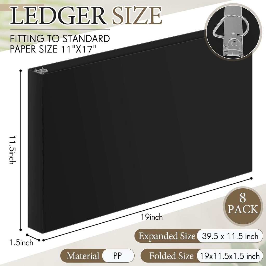 8 Pcs 11 x 17 Inch 3 Ring Binders 1 Inch Rings Heavy Duty View D Ring Binders Economy Holds 11" x 17" Paper for Artwork Blueprints, Office, Home, Work Places(Black)