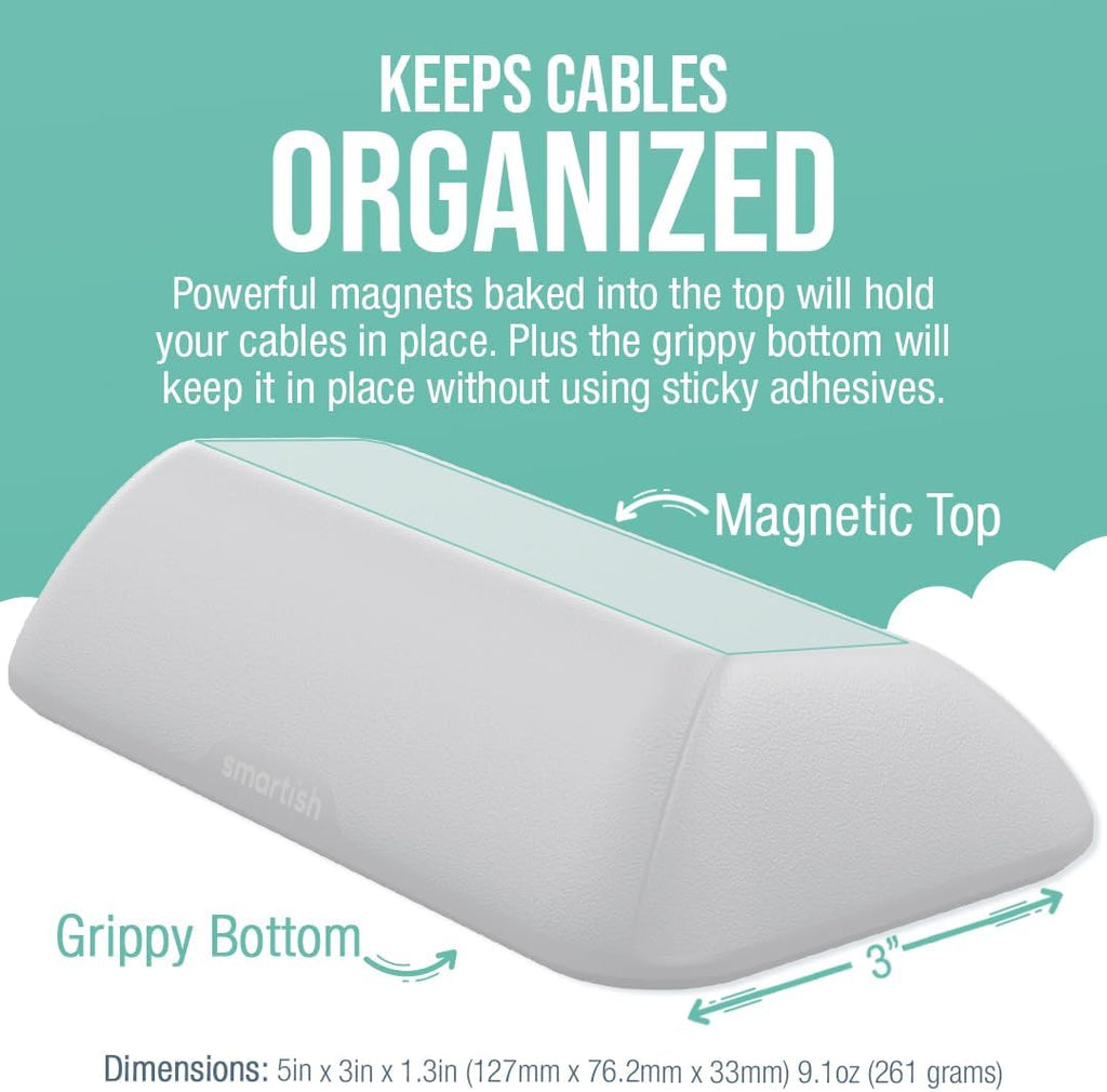 Smartish® Magnetic Cord Holder - Bigger Cable Wrangler Organizer with Magnet Clips for Charger Management on Desktop, Nightstand, or Side Table - Holds 6+ Cables - Snow Day White