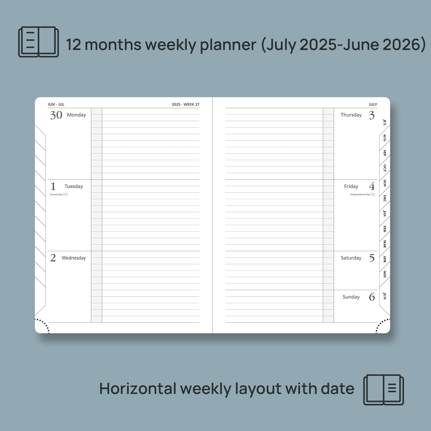 POPRUN Planner 2025-2026 (Medium 6.75''x 8.75''), Horizontal Weekly Notebook Jul.2025 - Jun.2026, Academic Appointment Book with Monthly Tabs, Leather Hardcover, Inner Pocket, 100 GSM - Black