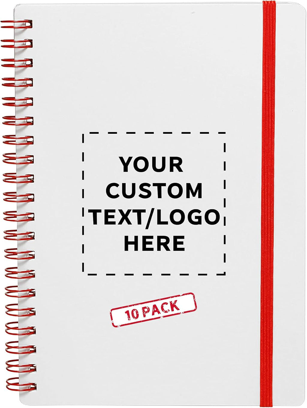 10 White Spiral Notebooks with Elastic Band Pack - Customizable Text, Logo - 80 lined pages, Recycled - Red