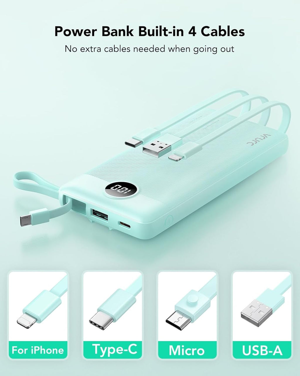 VRURC Portable Charger Power Bank, 10000mAh Travel Essentials Battery Pack, 5 Outputs 2 Inputs Slim Charging Bank Built-in Cables Cords Wires Compatible with iPhone,Samsung,Android-Green(1 Pack)