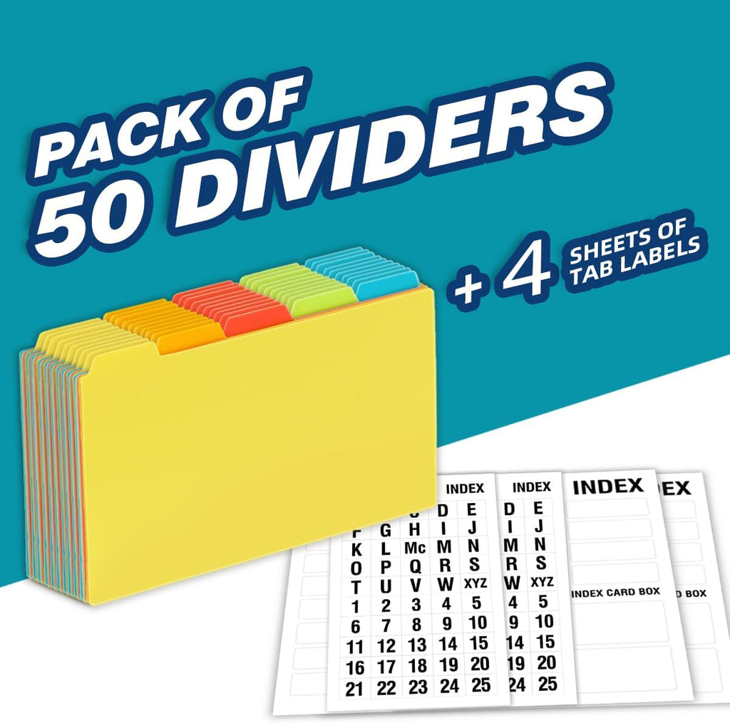 Chell 5x8 Plastic Index Card Dividers, Heavyweight Poly Index Card Guides A-Z for Flash Cards and Recipe Cards, with Alphabetical/Blank Stickers, Pack of 50
