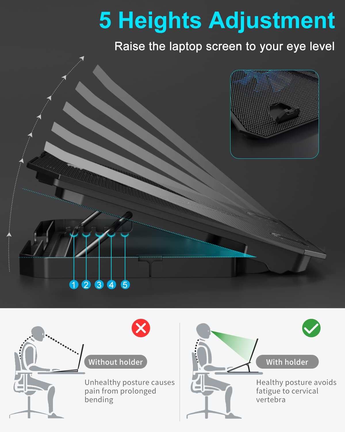 KeiBn Laptop Cooling Pad, Gaming Laptop Cooler 2 Fans for 10-15.6 Inch Laptops, 5 Height Stands, 2 USB Ports (S039)