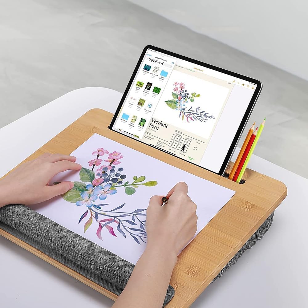 Lap Desk Laptop Tray with Cushion Portable Bed Tray Desk, Adjustable Angle Lap Desk with Tablet Phone Holder, for Home Office, Sofa, Bed, Couch and car. Bamboo Cushioned Laptop Table Tray