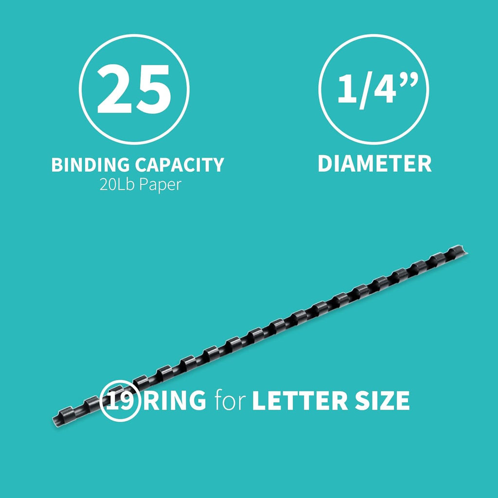 Binditek 200 Pack Plastic Binding Comb Spines, 1/4 Inch Diameter, 25 Sheet Capacity, for Letter Size, Black, for Students and Coworkers