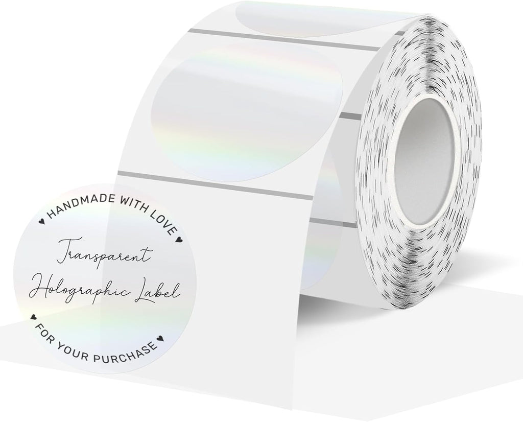 1.5" Round Transparent Thermal Label Stickers, Holographic Clear Direct Thermal Labels-Perforation Line Design& Waterproof- 300 Sheets