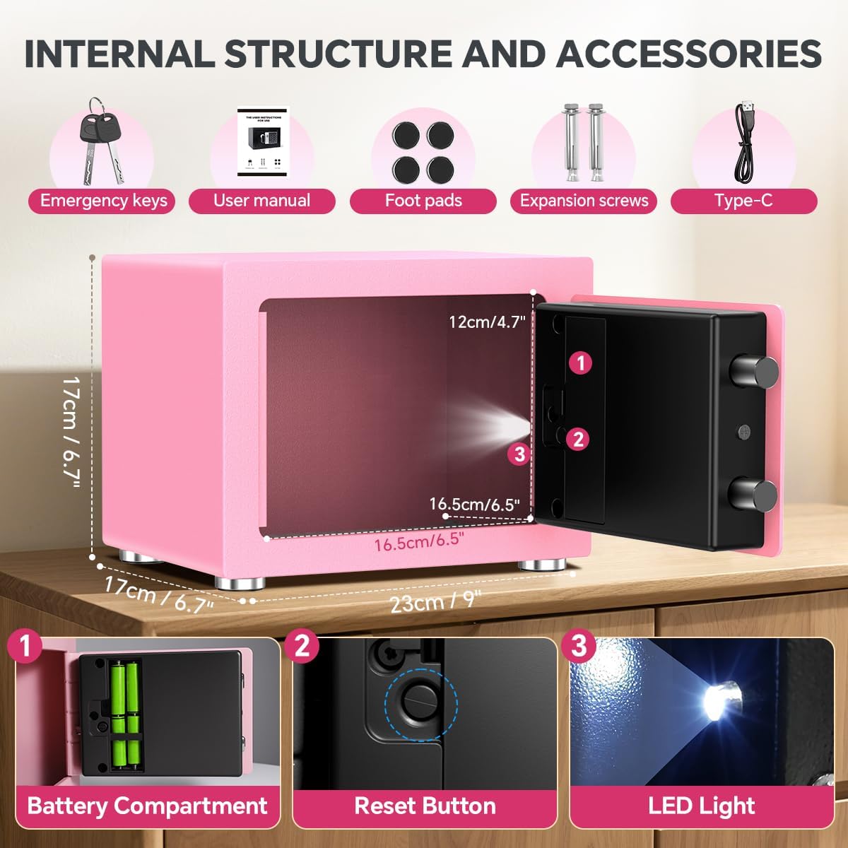 Small Home Safe, 6.7”D x 9”W x 6.7”H, Electronic Keypad Lock Security Box for Cash, Jewelry, Passport, Hidden Safe for Closet, College Dorm Room, Pink