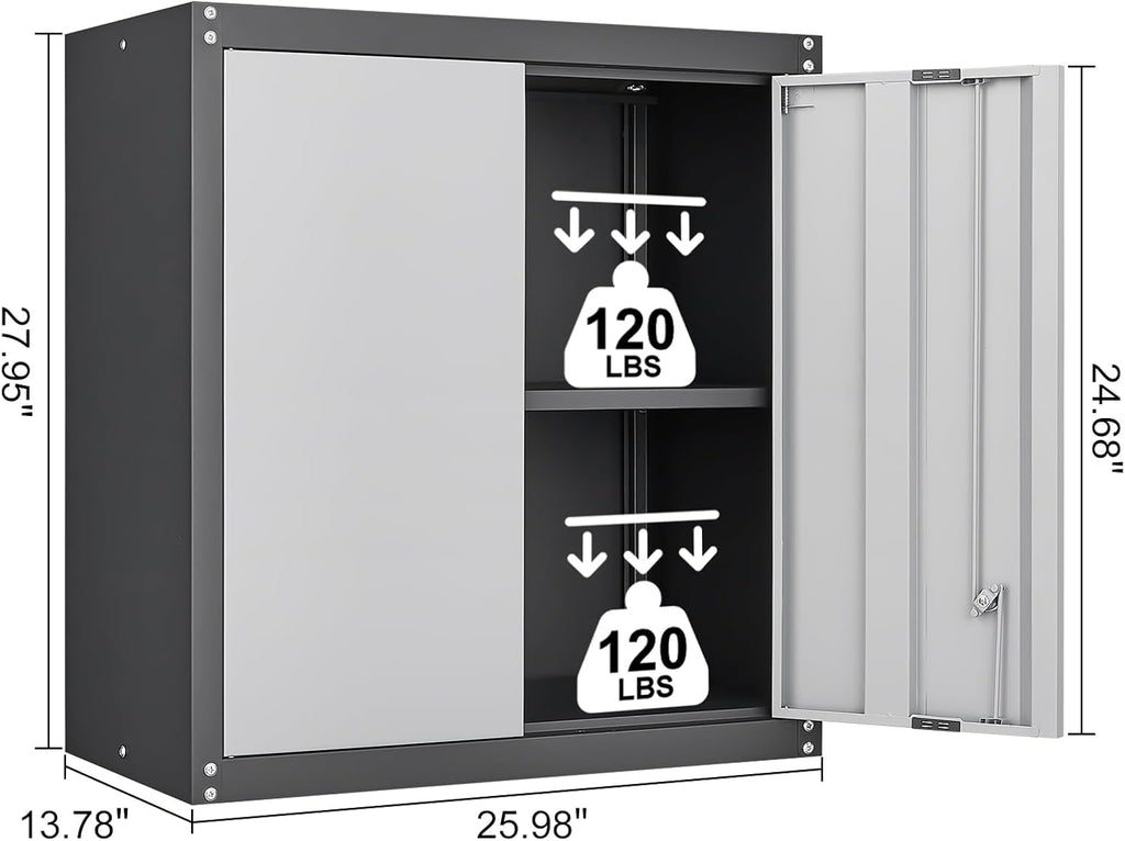 GREATMEET 28" H Lockable Metal Garage Storage Cabinets, Metal Cabinet Storage, Garage Wall Cabinet with Doors and Shelves, Hanging Floating, Grey&Black