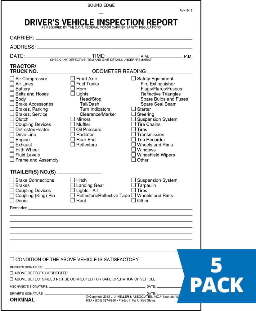 Detailed Driver's Vehicle Inspection Report 5-pk. - Book Format with 31 Sets, 2-Ply Carbonless, 5.5" x 8.5", Meet FMCSR Requirements, J. J. Keller & Associates, Inc.
