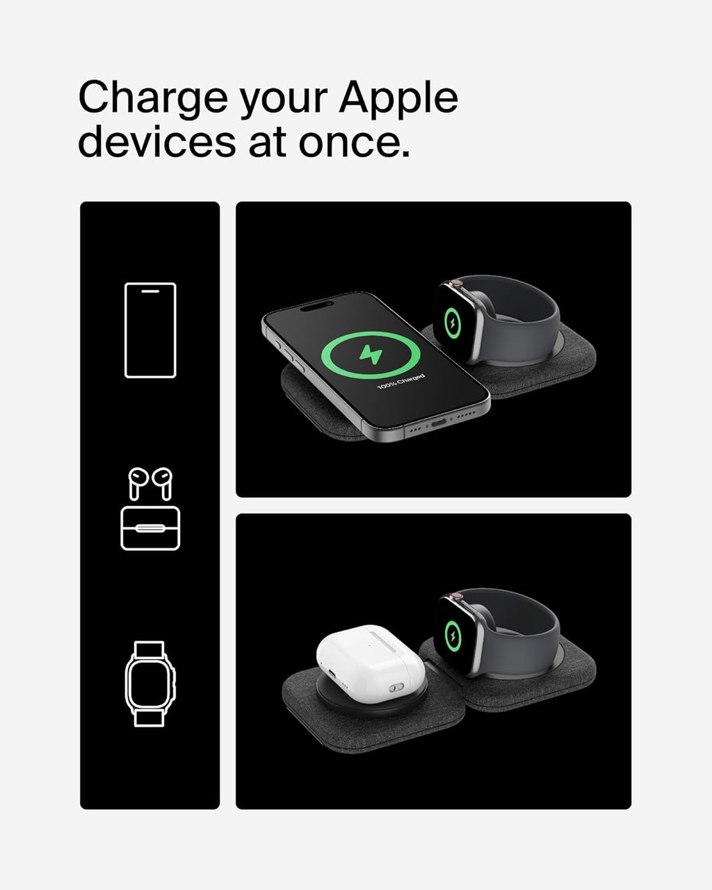 Belkin 2-in-1 Magnetic Charging Travel Pad 15W - MagSafe-Compatible Foldable Qi2-Certified Wireless Charging Station, iPhone Charger for iPhone 16 Series, Apple Watch 9, AirPods, and More - Black