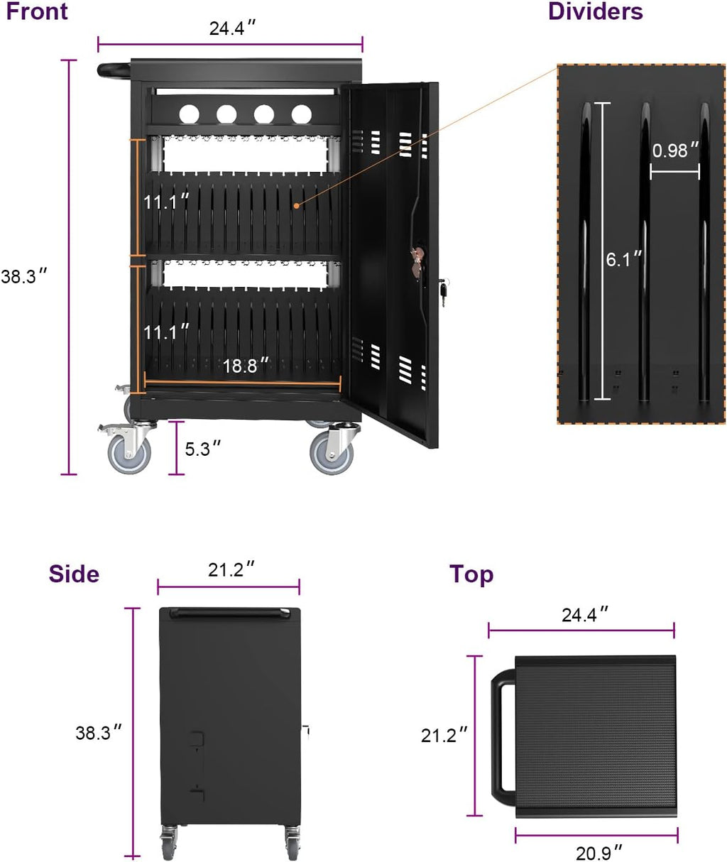 36 Device Charging Cart, Laptop and Tablet Storage Cart, Holds Up to 16.3" with Cord Management, Front and Rear Door Locks, Classroom or Office Charging Cabinet.Silver with 4 Position Power Strip