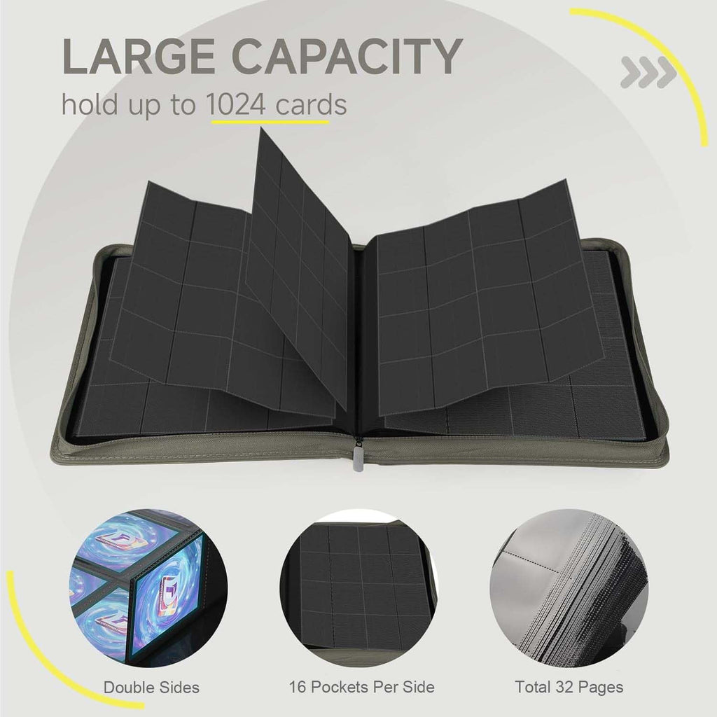 Card Binder with 1024 Cards,16 Pocket Trading Card Binder Includes 32 Page Storage Sleeves,Collection Card Album,Card Holder to Organize and Protect Cards,Grey