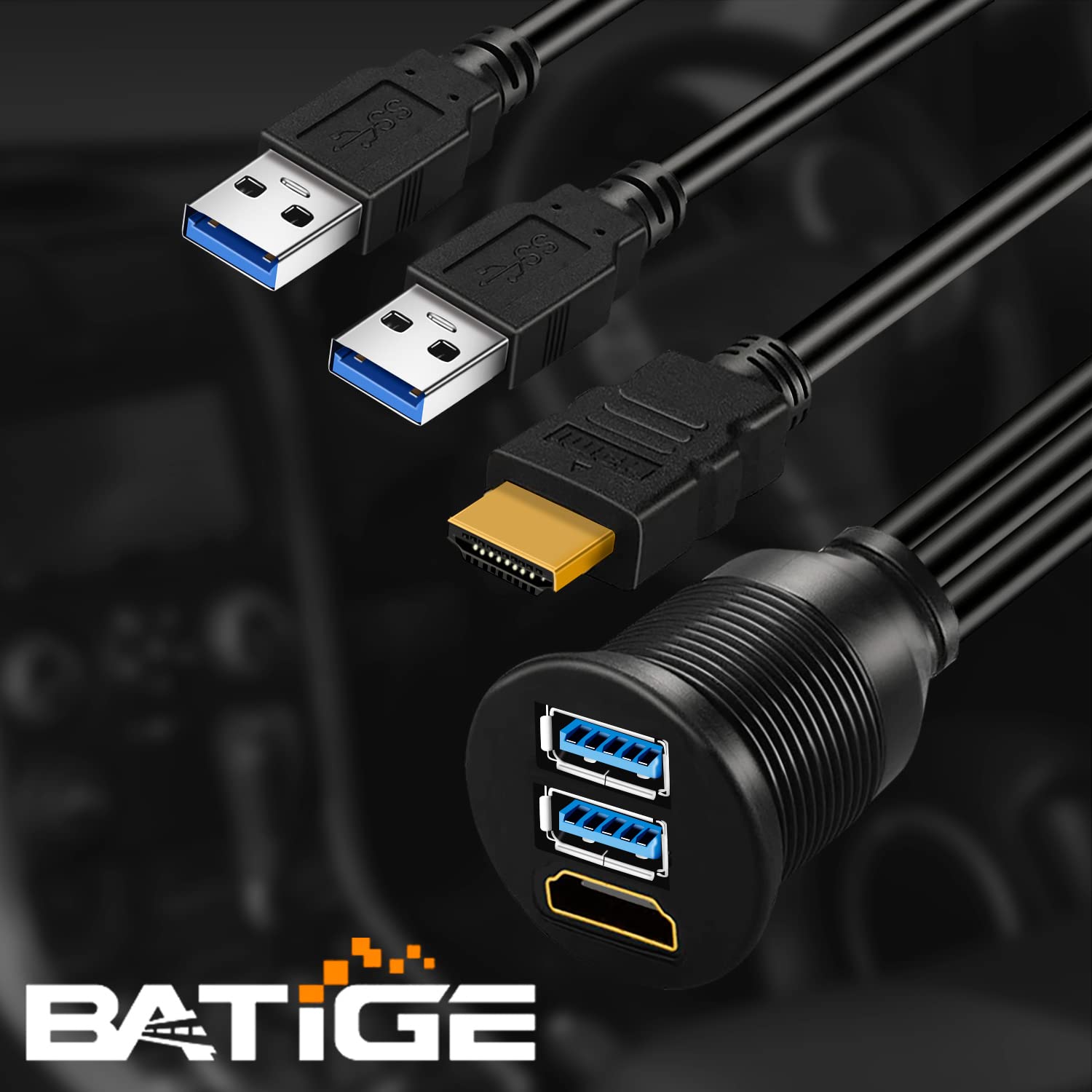 BATIGE Dual USB 3.0 & HDMI Male to Female Car USB Flush Mount Extension Cable USB 3.0 Dash Mount for Car Truck Boat Motorcycle - 3ft