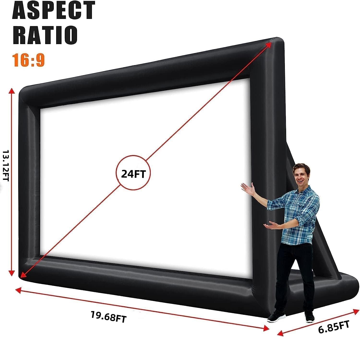 PioneerWorks Inflatable Projector Screen, 24FT Portable Blow Up Outside Projector Screen, Front & Rear Projection, with Rope, Air Blower, Ground Nails and Carry Bag, for Theater, Football, Backyard
