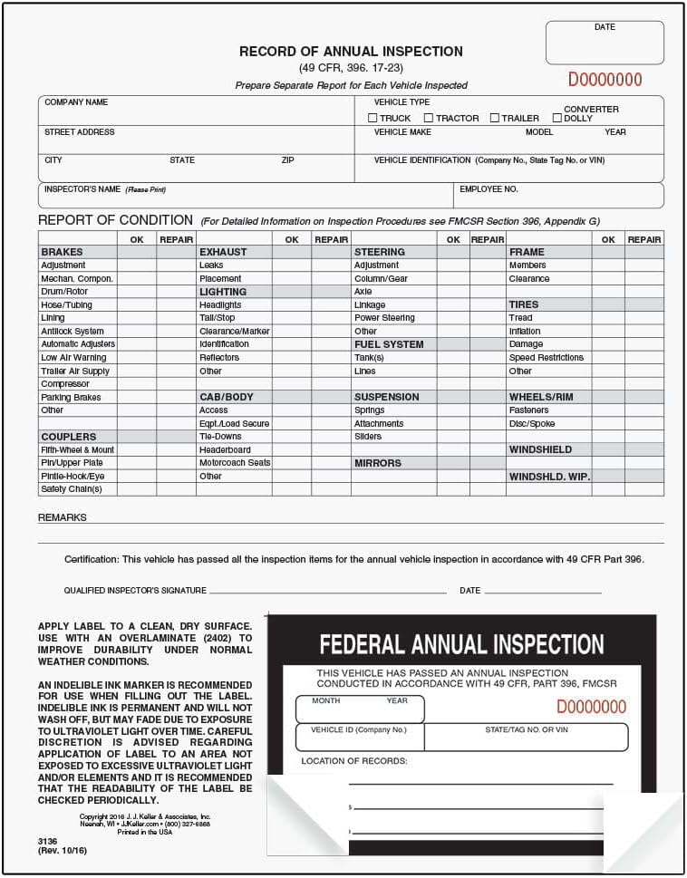 J. J. Keller 10-Pack, Record of Annual Inspection Form with Inspection Decal, 2-Ply Carbonless Form, DOT Compliant